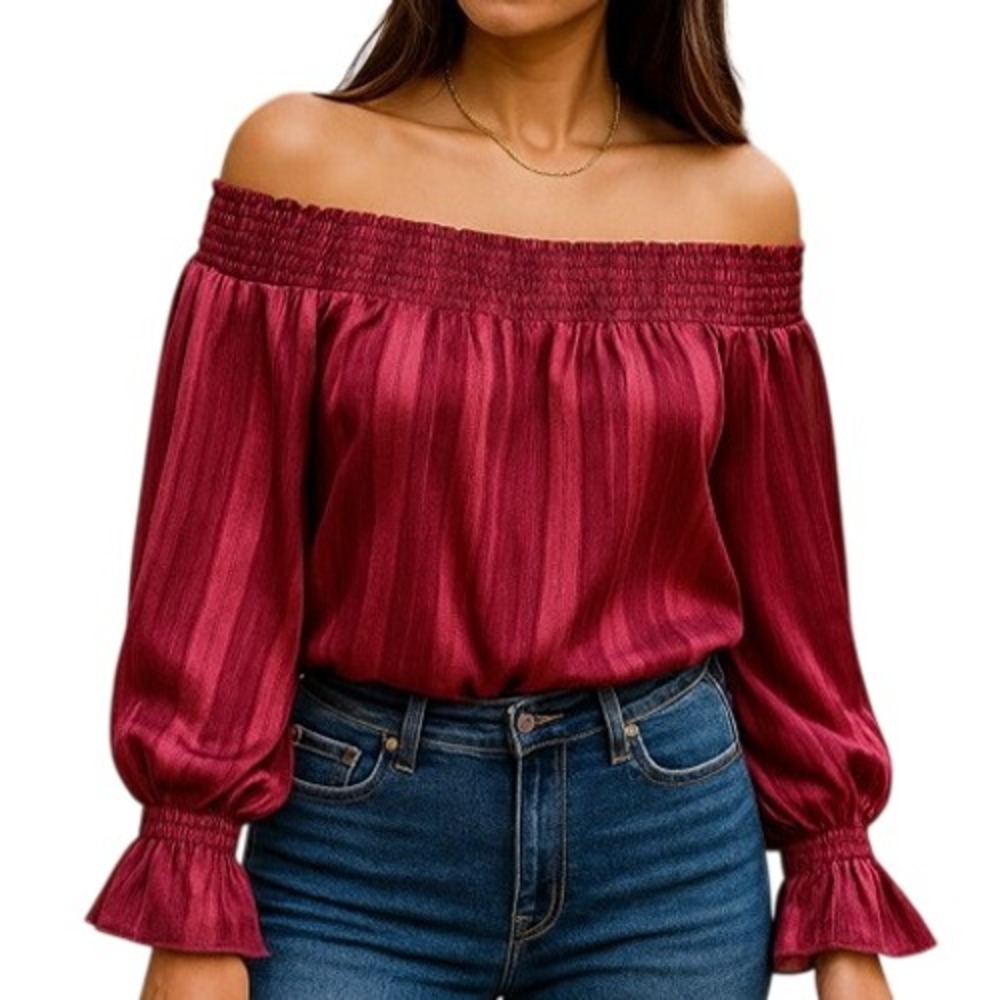 Womens Off Shoulder Smocked Satin Burgundy‎ Balloon Sleeve Top M Boho Romantic
